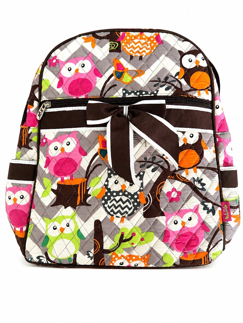 Girls Quilted Owl Backpack with Brown Bow - Pink, Brown & Green